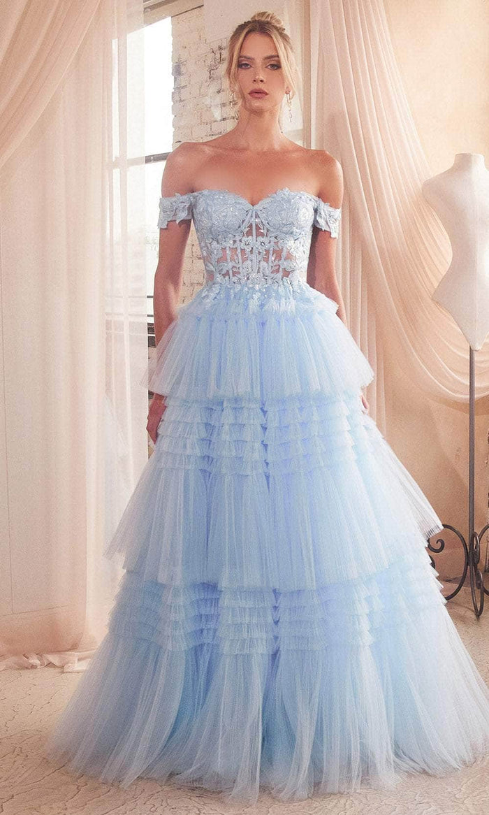 Cinderella Divine 9315 - Off-Shoulder Corset with Embroidery Ballgown Ball Gowns 2 / Lt Blue