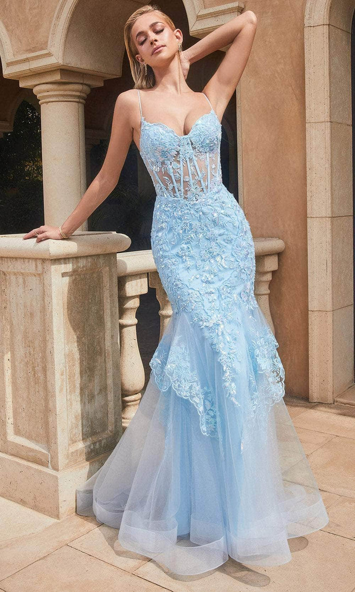 Cinderella Divine 9316 - Sheer Corset Bodice Embroidered Sleeveless Prom Dress Prom Dresses 2 / Blue