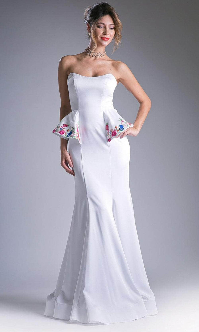 Cinderella Divine A5010 - Strapless Embellished Peplum Evening Gown Evening Dresses 2 / White