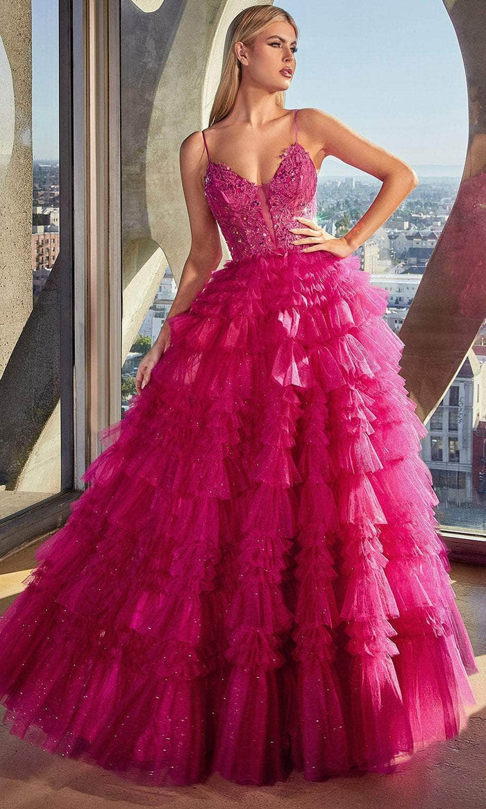 Cinderella Divine C152 - Plunging V-Neck Embroidered Ballgown Ball Gowns 2 / Azalea Pink