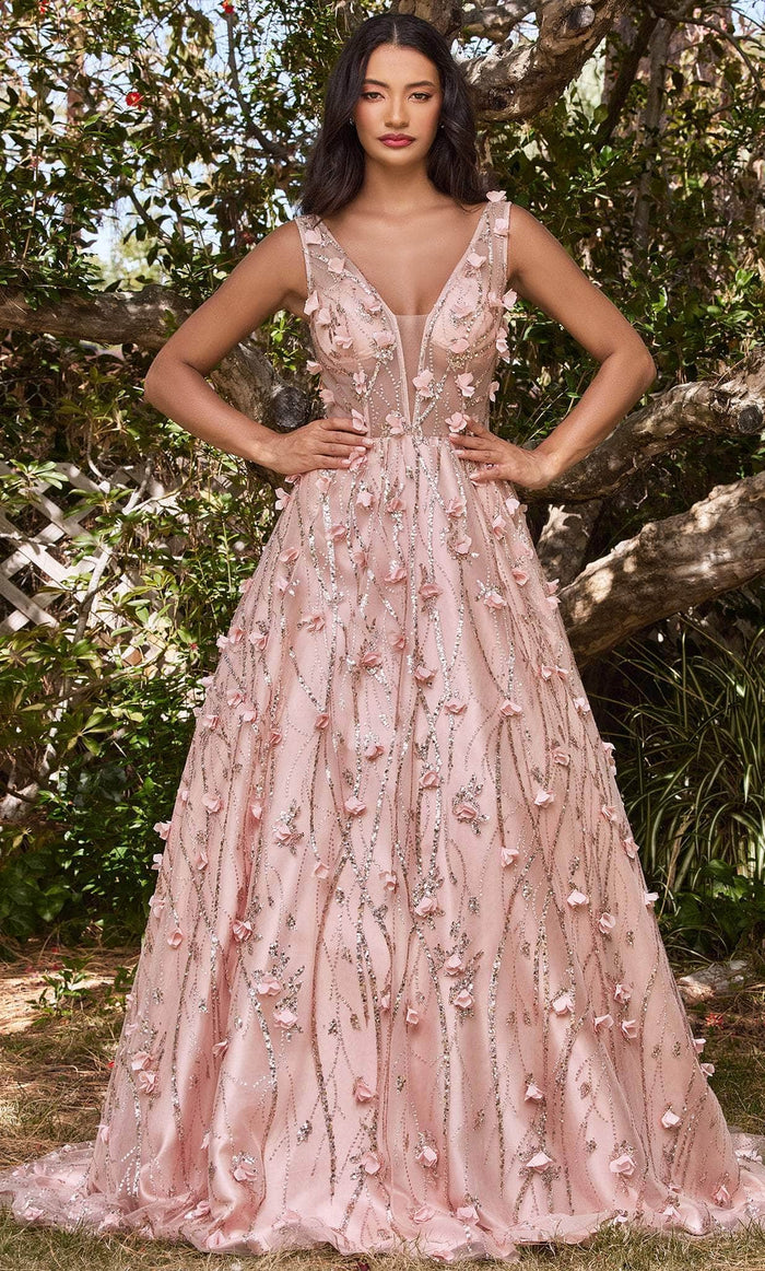 Cinderella Divine CB085 - Floral Embellished Deep V-Neck Ballgown Ball Gowns 4 / Rose Gold