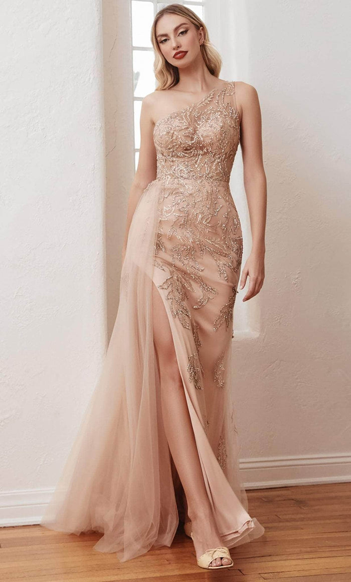 Cinderella Divine CB098 - Beaded Asymmetrical Evening Gown Prom Dresses 2 / Rose Gold-