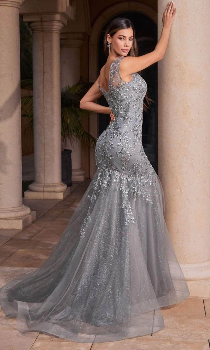 Cinderella Divine CB128 - Sheath Gown with Illusion Floral Appliques Evening Dresses 2 / Deep Silver