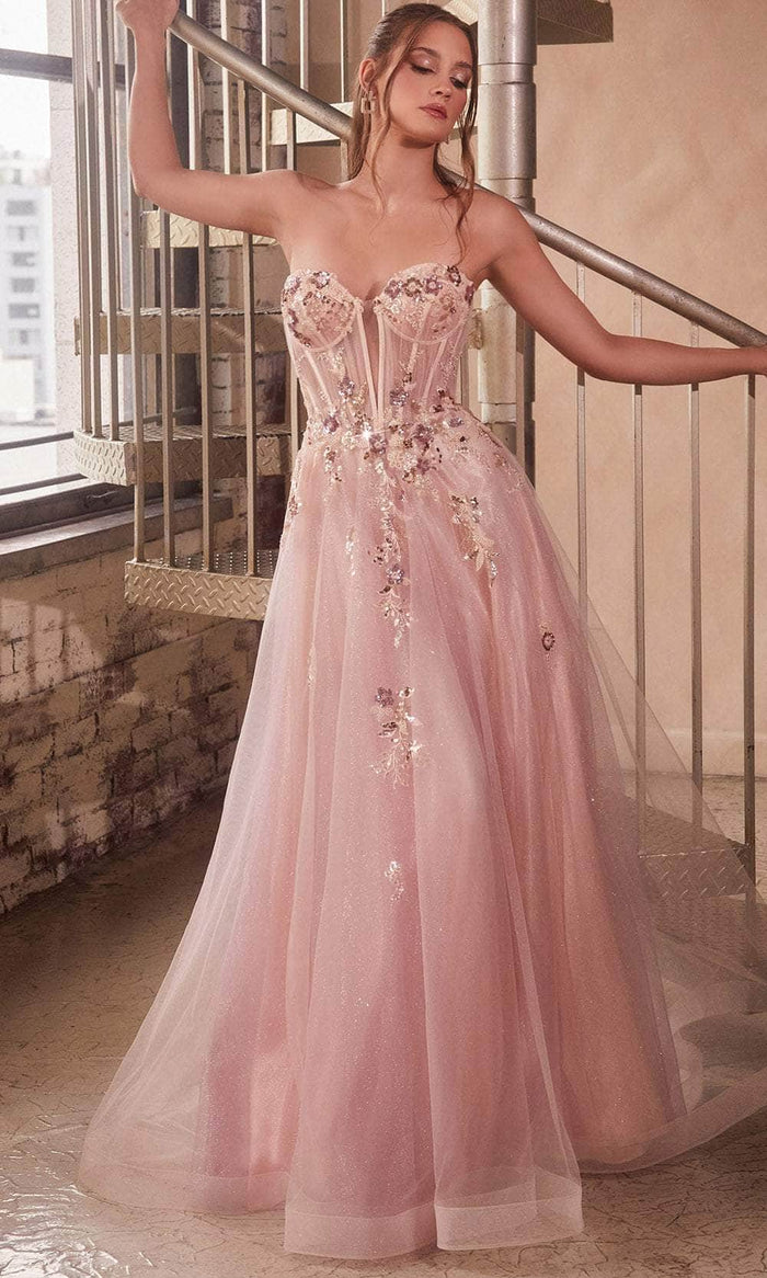 Cinderella Divine CB142 - Strapless Floral Sequin Embellished Ballgown Ball Gowns 2 / Blush