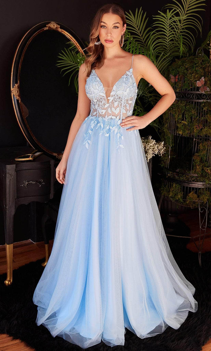 Cinderella Divine CD2214 - Deep V-Neck Appliqué Prom Dress Prom Dresses 2 / Blue