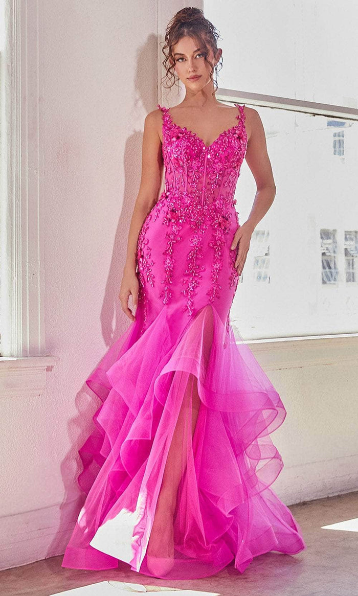 Cinderella Divine CD331 - Sleeveless with 3D Floral Appliqué Prom Dress Prom Dresses 2 / Fuchsia