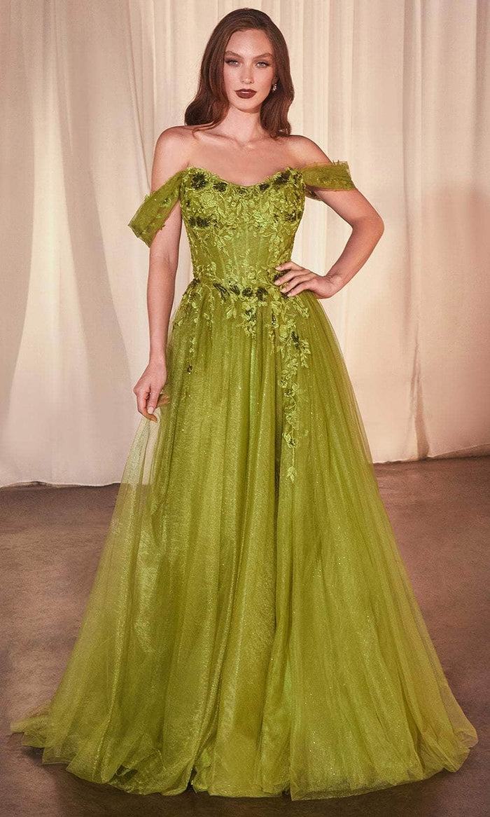 Cinderella Divine CD799 - Floral Embroidered Off-Shoulder Prom Gown Prom Dresses 6 / Greenery