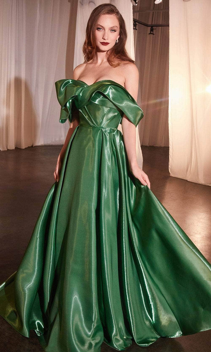 Cinderella Divine CD801 - Pleated Off-Shoulder Ballgown Ball Gowns 4 / Emerald