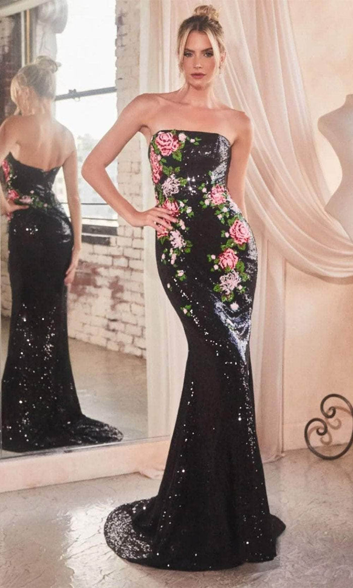 Cinderella Divine CD811 - Strapless Floral Embroidered Prom Dress Prom Dresses 2 / Black