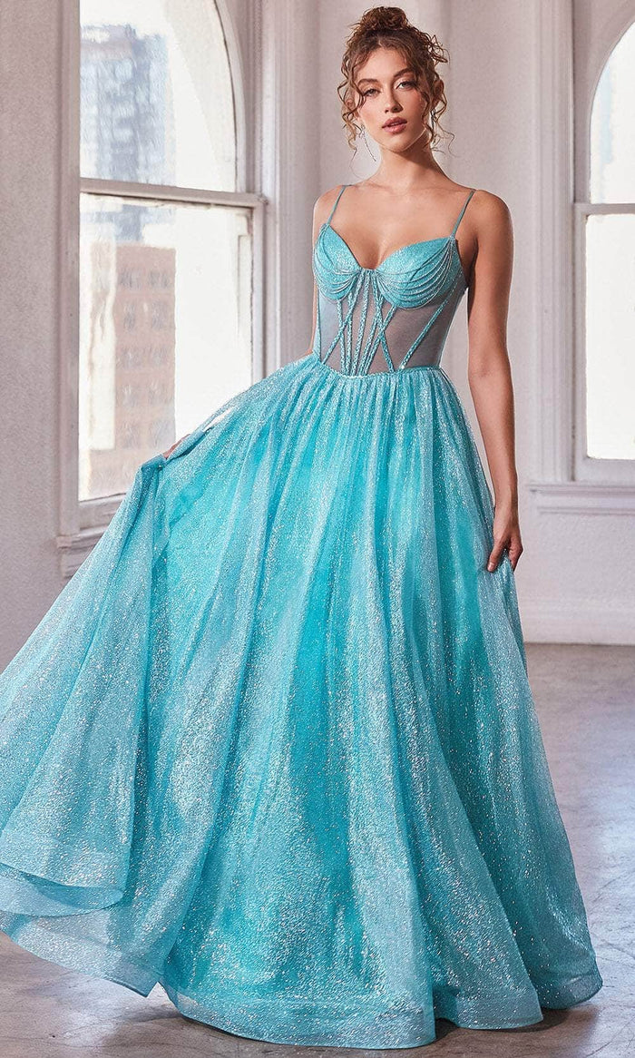 Cinderella Divine CD832 - Sheer Corset Sleeveless Ballgown Ball Gowns 2 / Aqua Blue