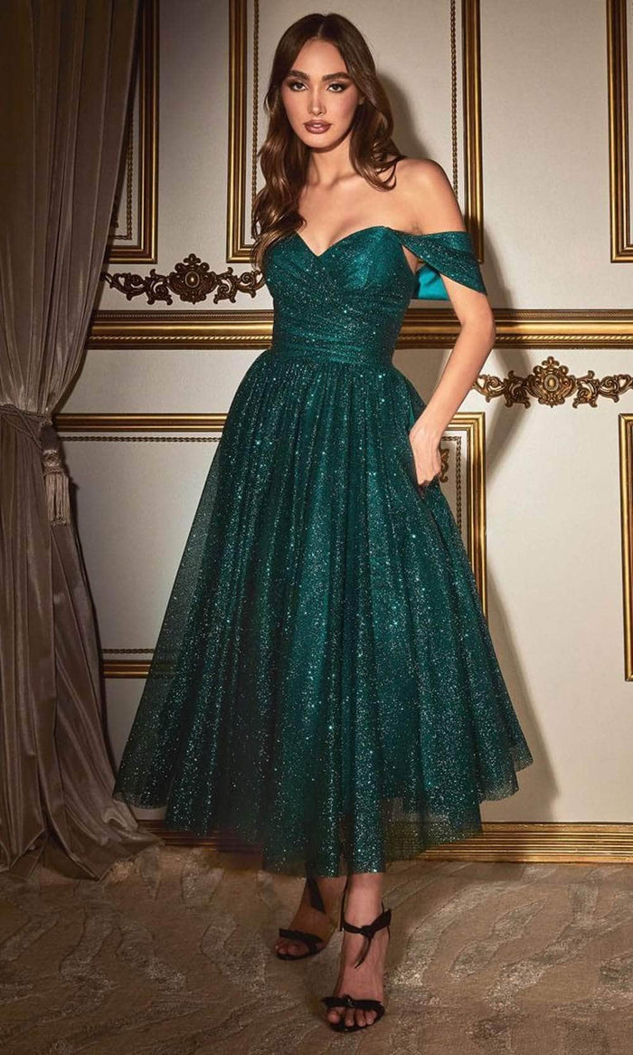 Cinderella Divine CD870 - Tea-Length Dress with Off-Shoulder Design Cocktail Dresses 2 / Emerald