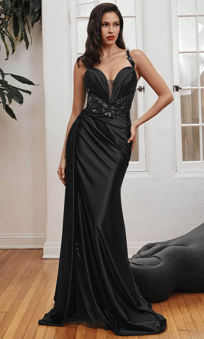 Cinderella Divine CDS417 - Pleated Plunging Sweetheart Prom Dress Prom Dresses 2 / Black