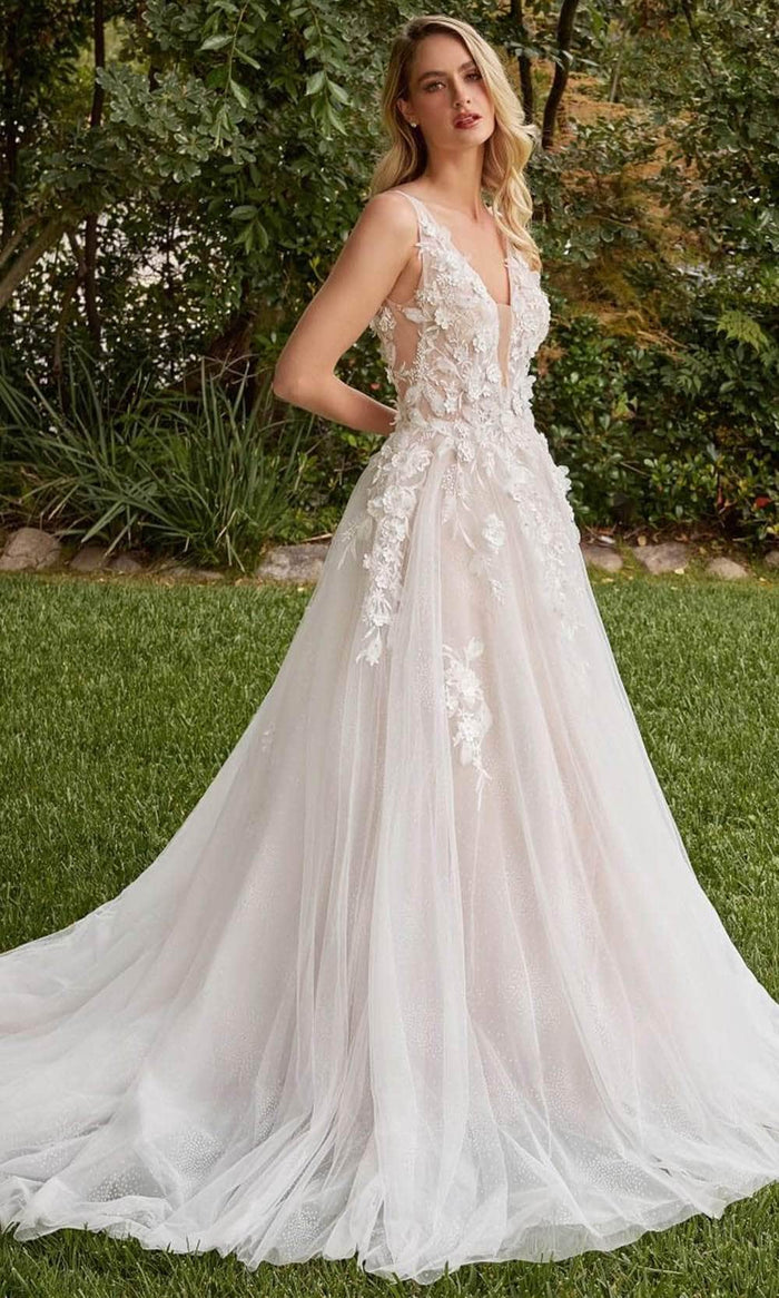 Cinderella Divine CDS436W - A-line Bridal Gown with 3D Embellishments Bridal Dresses 2 / Off White-Nude