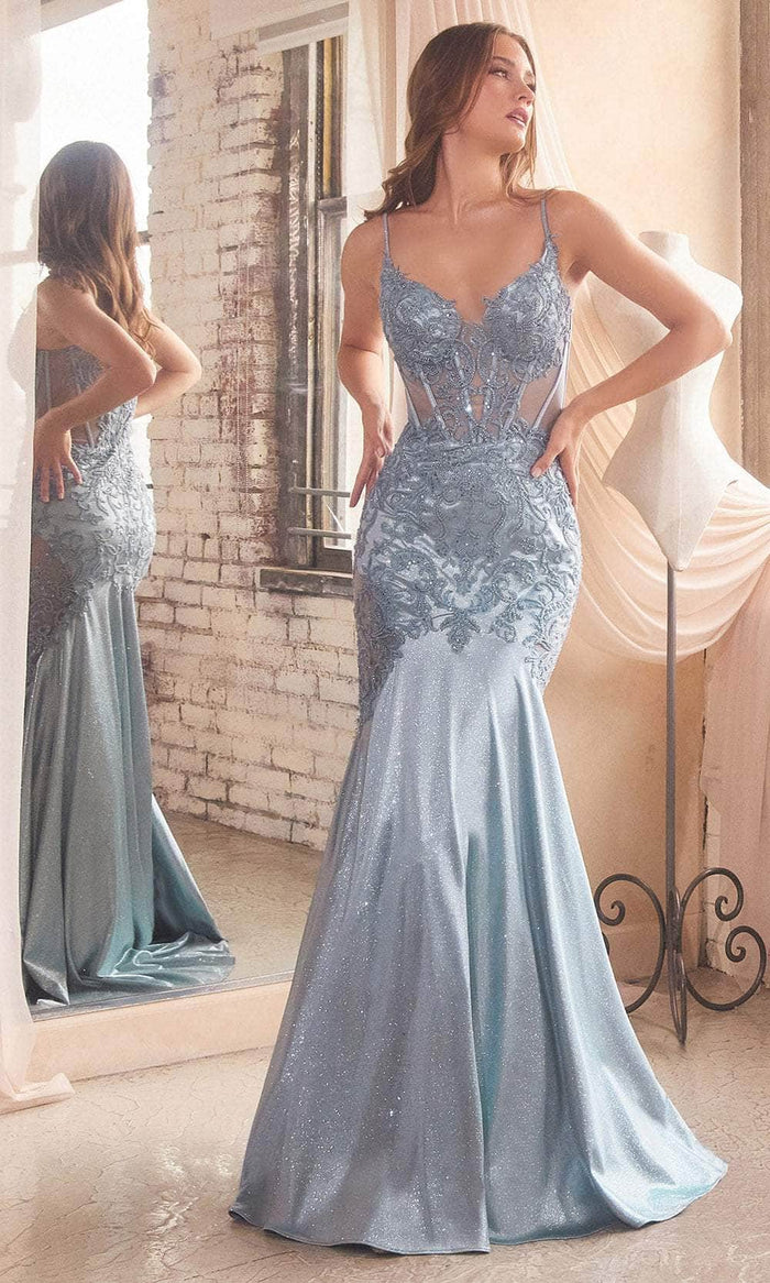 Cinderella Divine CDS470 - Evening Dress with Beaded Illusion Appliques Prom Dresses 2 / Dusty Blue