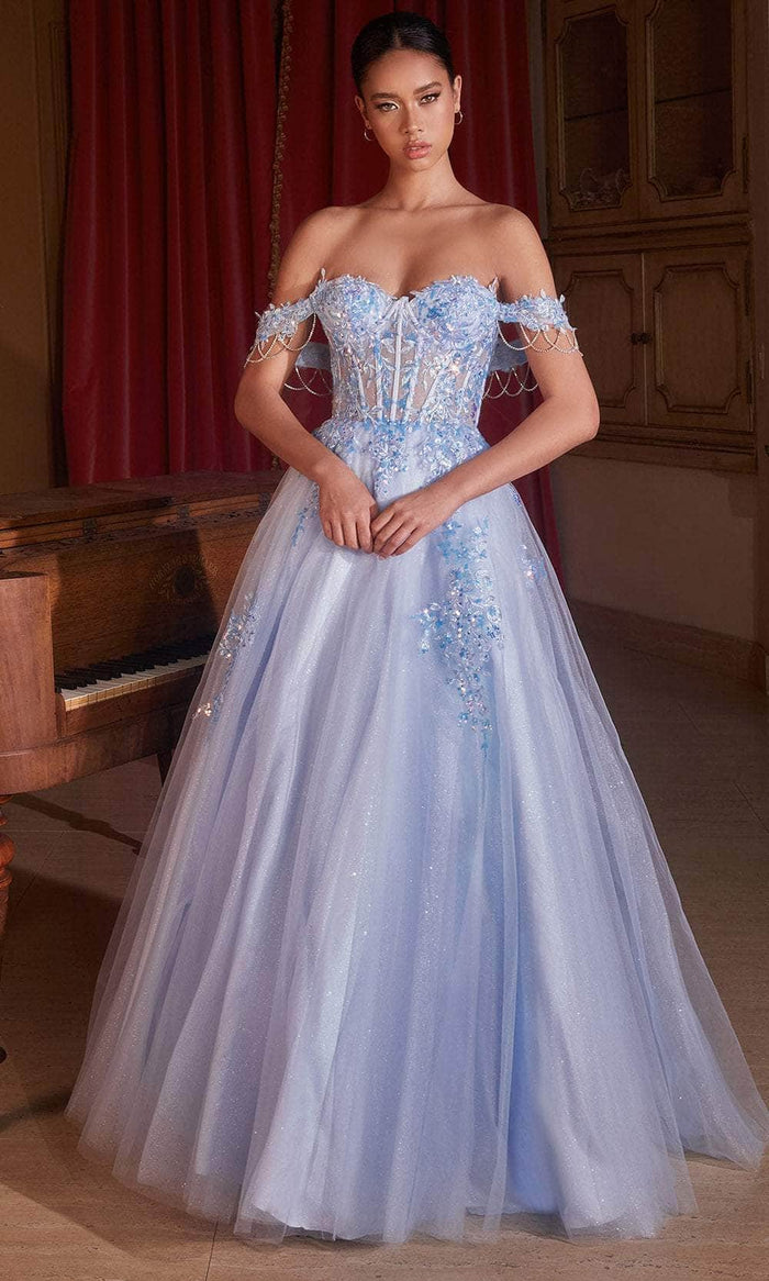 Cinderella Divine CDS490 - Lace-Up Back Off-Shoulder Evening Ballgown Ball Gowns 2 / Lt Blue