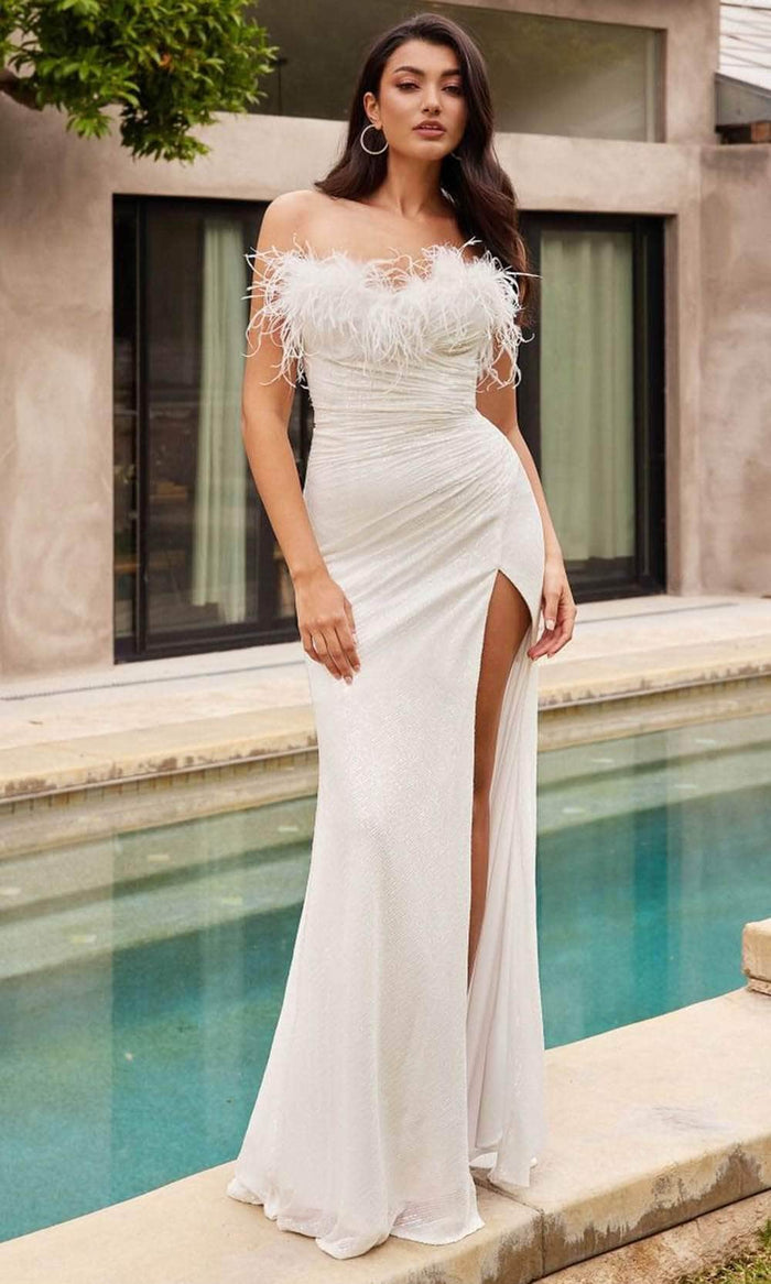 Cinderella Divine CH147W - Strapless Bridal Dress with Feather Details Bridal Dresses XXS / Off White