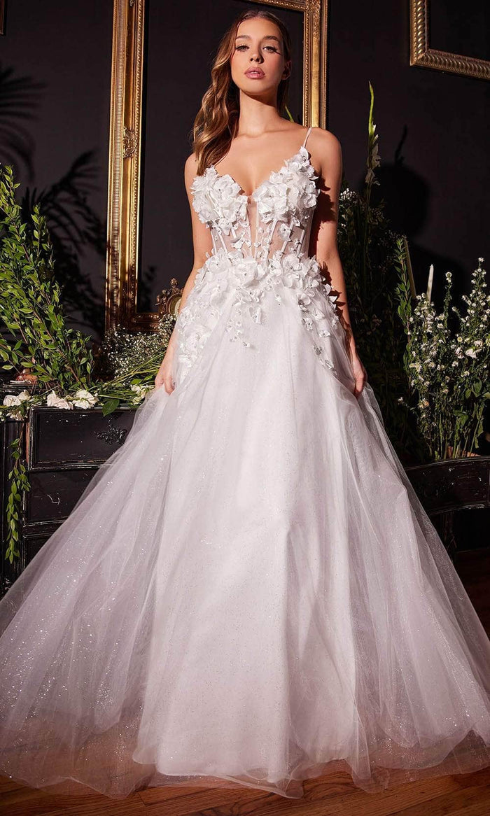 Cinderella Divine CM321W - Sleeveless Bridal Gown with Floral Details Bridal Dresses 2 / Off White