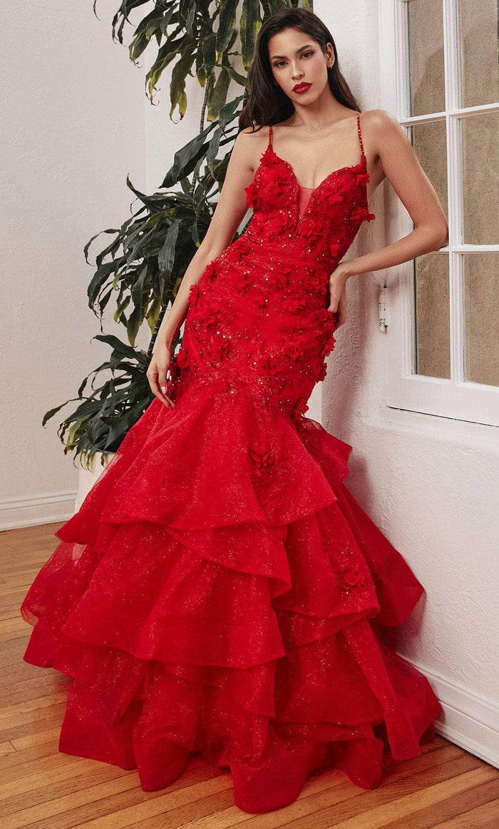 Cinderella Divine CM329 - Tiered Mermaid with Floral Details Evening Dress Evening Dresses 2 / Red