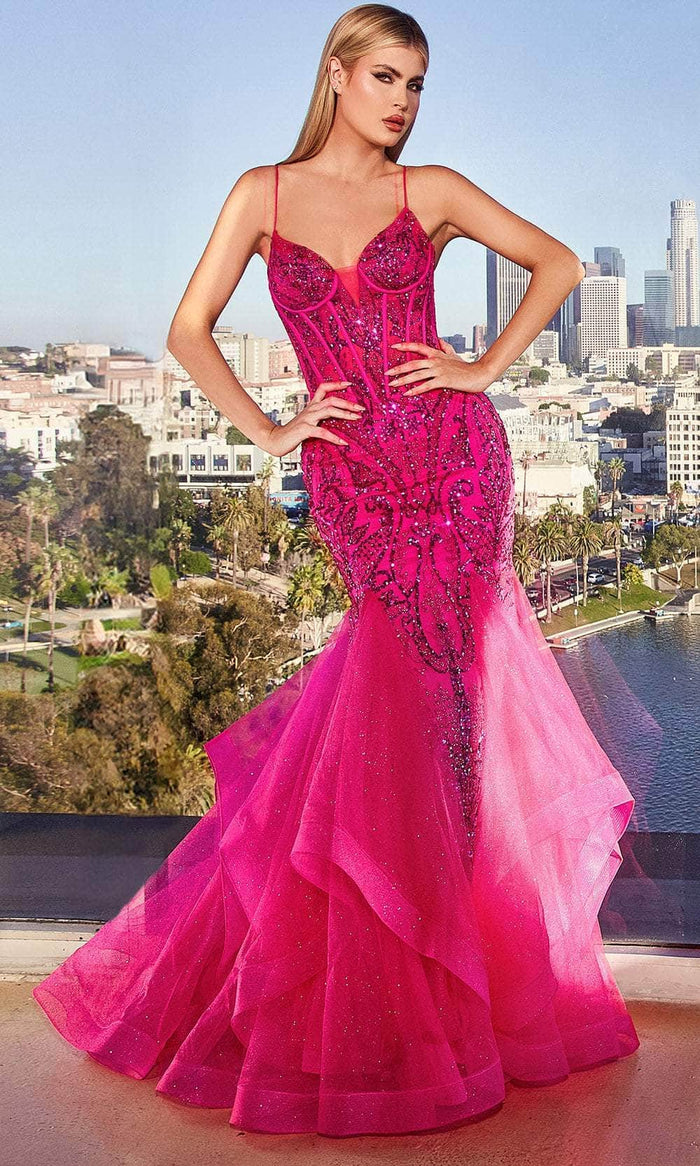 Cinderella Divine CM353 - V-Neck Sequin Embellished Prom Gown Evening Dresses 2 / Fuchsia