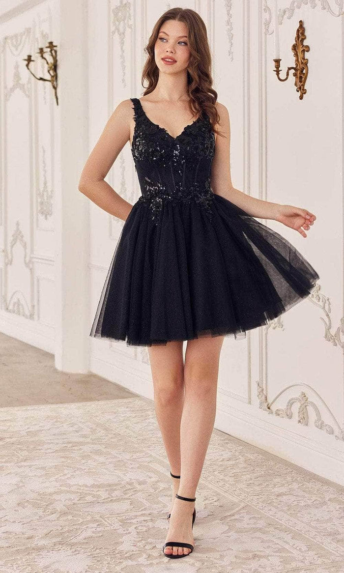 Cinderella Divine CY019 - Appliqué Corset Style Cocktail Dress Cocktail Dresses XXS / Black