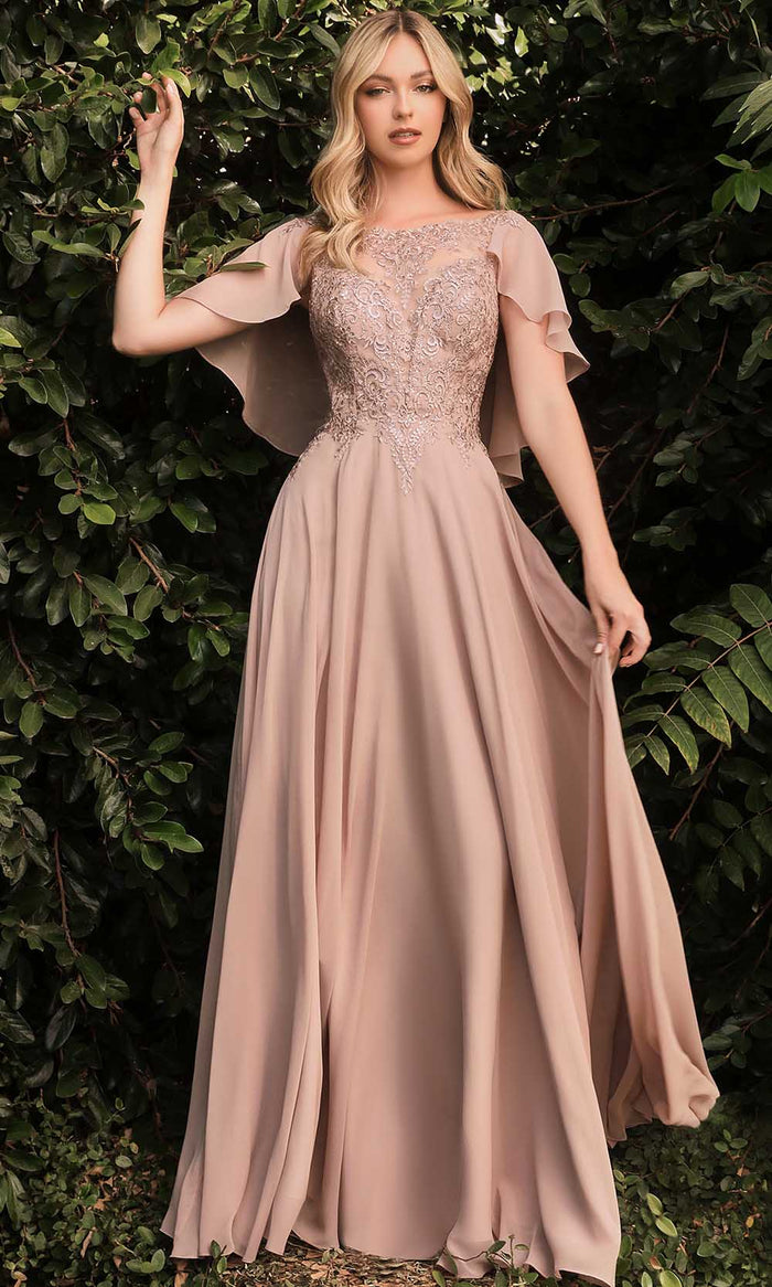 Cinderella Divine HT101 - Cape Sleeve Lace Formal Dress Mother of the Bride Dresses 6 / Mocha