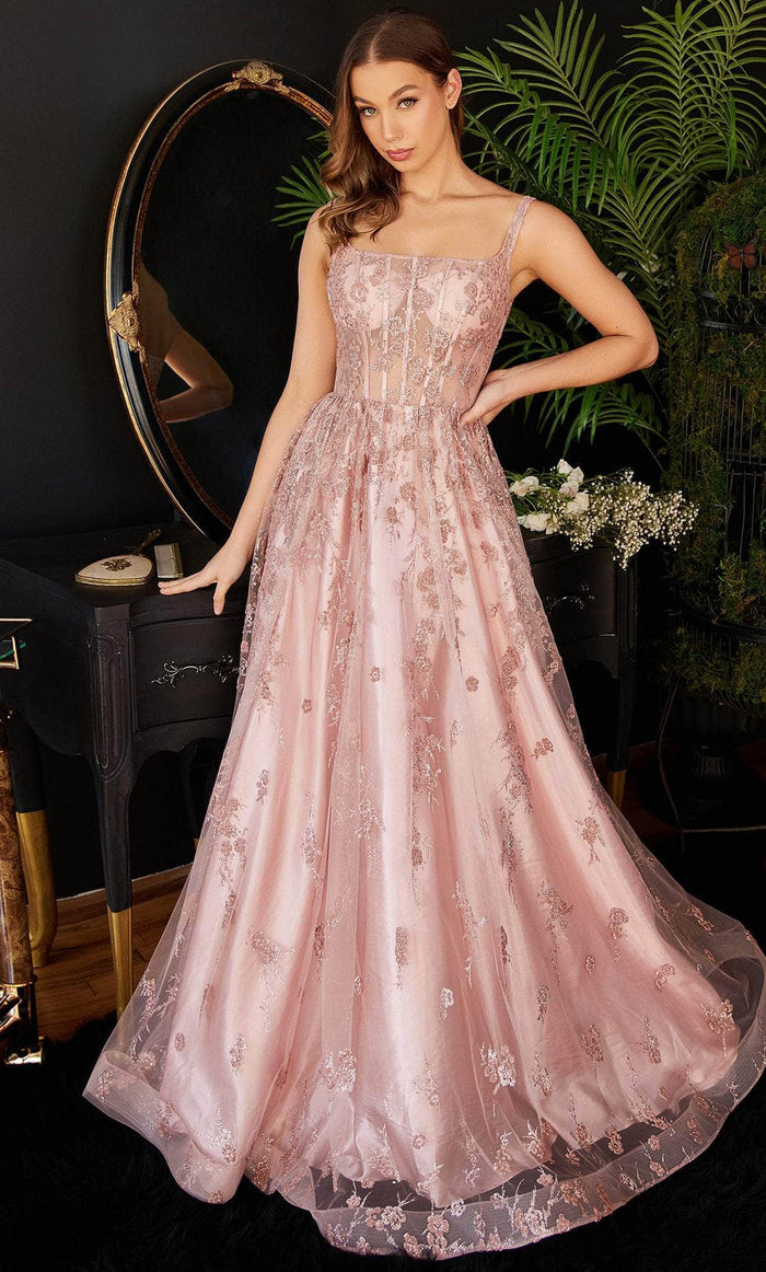 Cinderella Divine J840 - Glitter Prom Gown with Square Neckline Prom Dresses 4 / Rose Gold