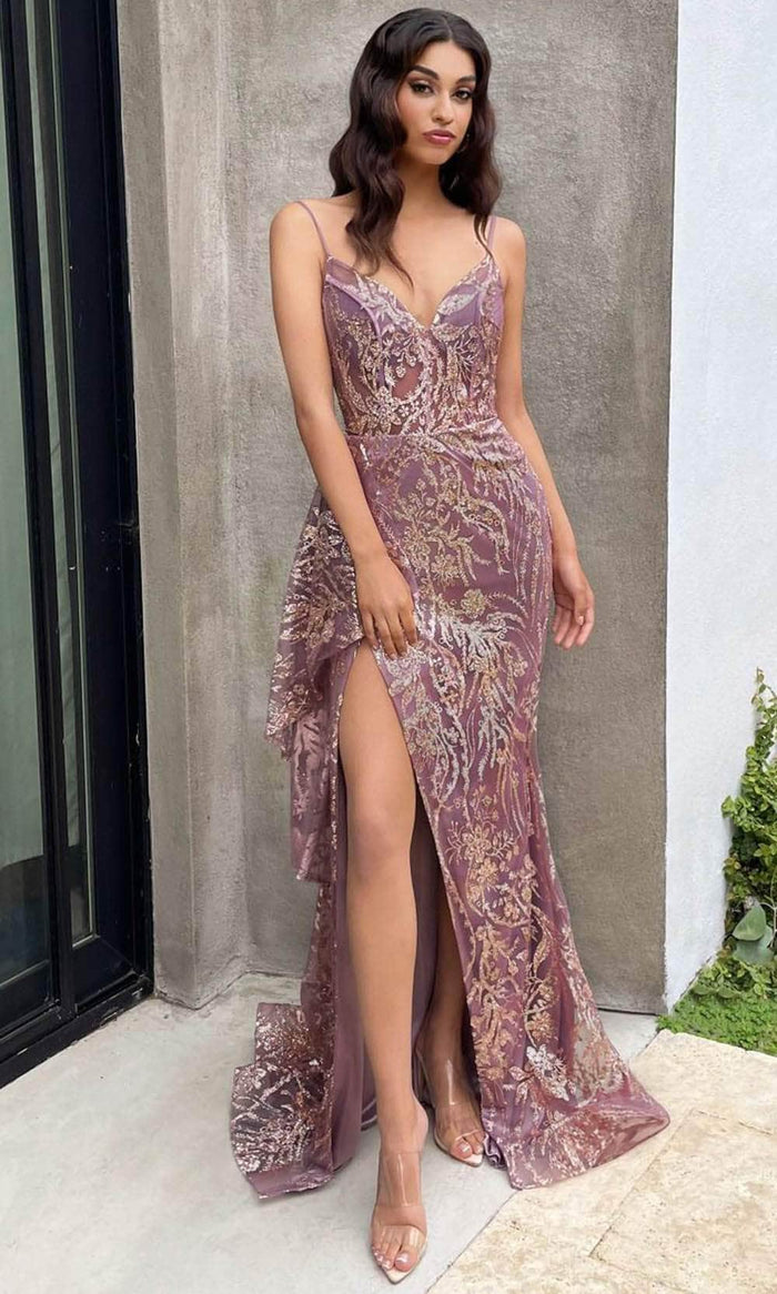 Cinderella Divine J856 - High Slit Gown with Glitter Print Evening Dresses 2 / Gold-Violet