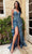 Cinderella Divine J856 - High Slit Gown with Glitter Print Evening Dresses 2 / Lapis Blue