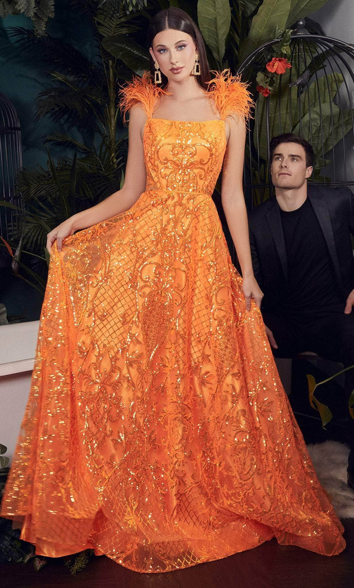 Cinderella Divine KV1076 - A-Line with Feathered Sleeveless Design Evening Dress Evening Dresses 2 / Neon Orange