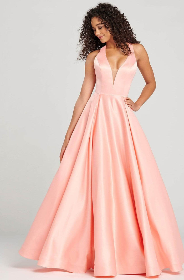 Colette By Daphne - CL12026 Bow Accent Cutout Back Matte Satin Gown Prom Dresses 0 / Coral