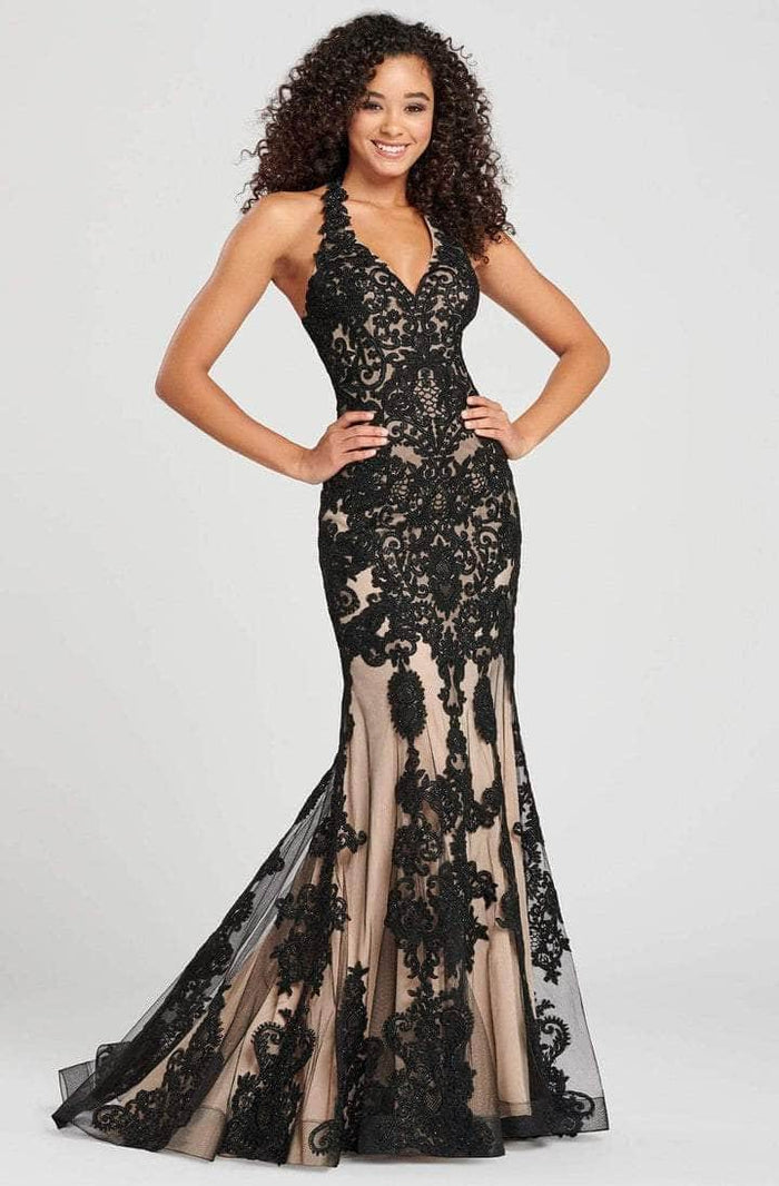 Colette By Daphne - CL12071 Embroidered Halter Neck Mermaid Dress Prom Dresses 6 / Black/Nude