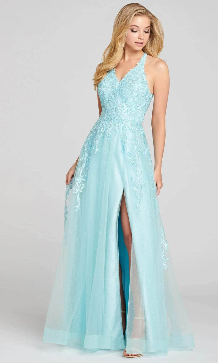 Colette By Daphne CL12120 - V-Neck Lace Appliqued Prom Gown Prom Dresses 00 / Aqua