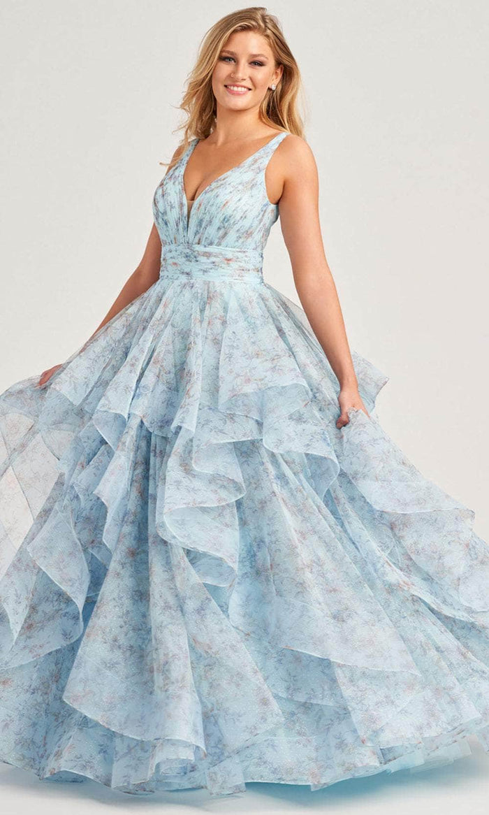 Colette By Daphne CL5273 - Flounce Skirt Prom Dress Prom Dresses 00 / Ice Blue/Multi