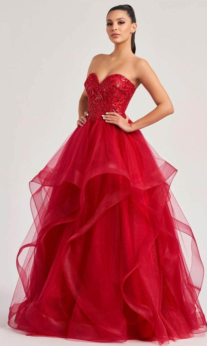 Colette By Daphne CL8290 - Strapless Tiered Prom Gown Prom Dresses 00 / Scarlet