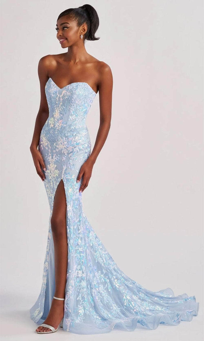 Colette By Daphne CL8440 - High Slit Mermaid Long Gown Prom Dresses 00 / Ice Blue