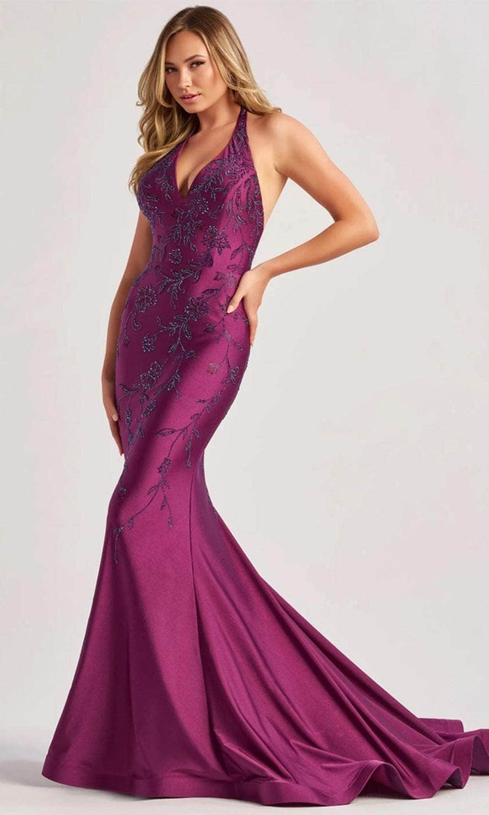 Colette By Daphne CL8455 - Beaded Halter Prom Dress Prom Dresses 00 / Plum