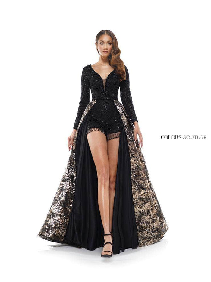 Colors Dress J130 - Long Sleeve Romper with Overskirt Special Occasion Dress 4 / Black/Gold