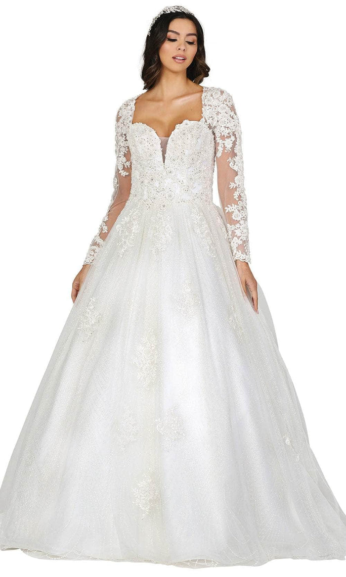 Dancing Queen 0156 - Sheer Long Sleeve Plunging V-Neck Wedding Ballgown Wedding Dresses XS / Off White