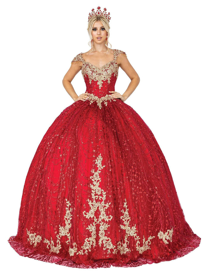 Dancing Queen - 1397 Sweetheart Bodice Gold Accented Ballgown Quinceanera Dresses XS / Burgundy