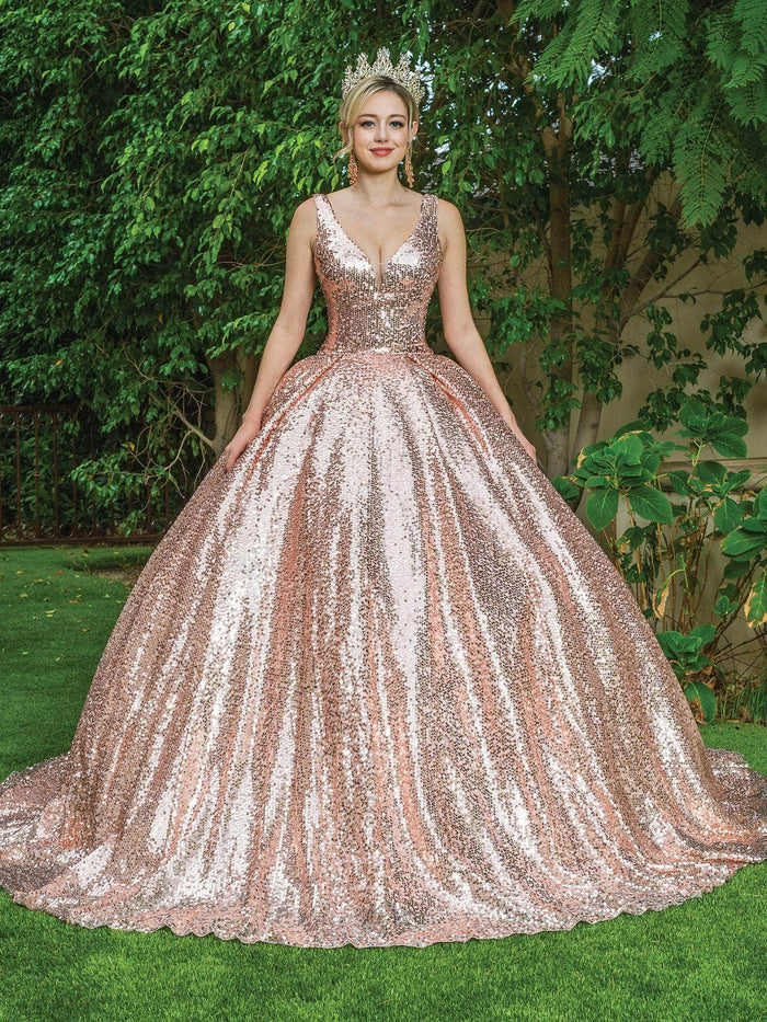 Dancing Queen - 1558 Sequin V-Neck Ballgown Quinceanera Dresses XS / Rose Gold