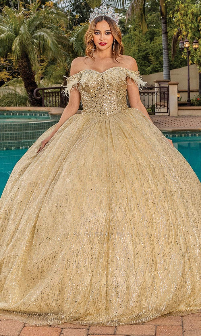 Dancing Queen 1829 - Feather Fringed Ballgown Ball Gowns XS / Gold