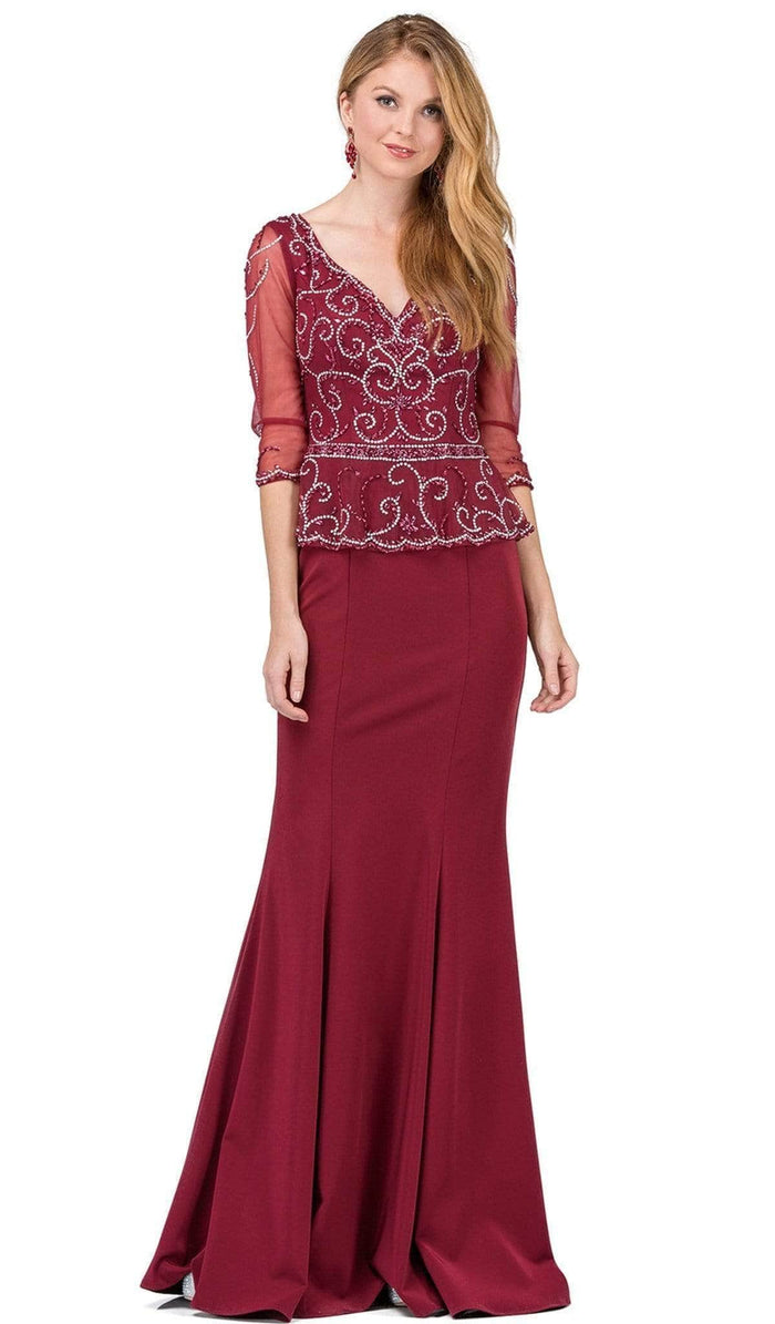 Dancing Queen - 2290 Beaded Sheer Quarter Length Sleeve Sheath Prom Dress Evening Dresses S / Burgundy