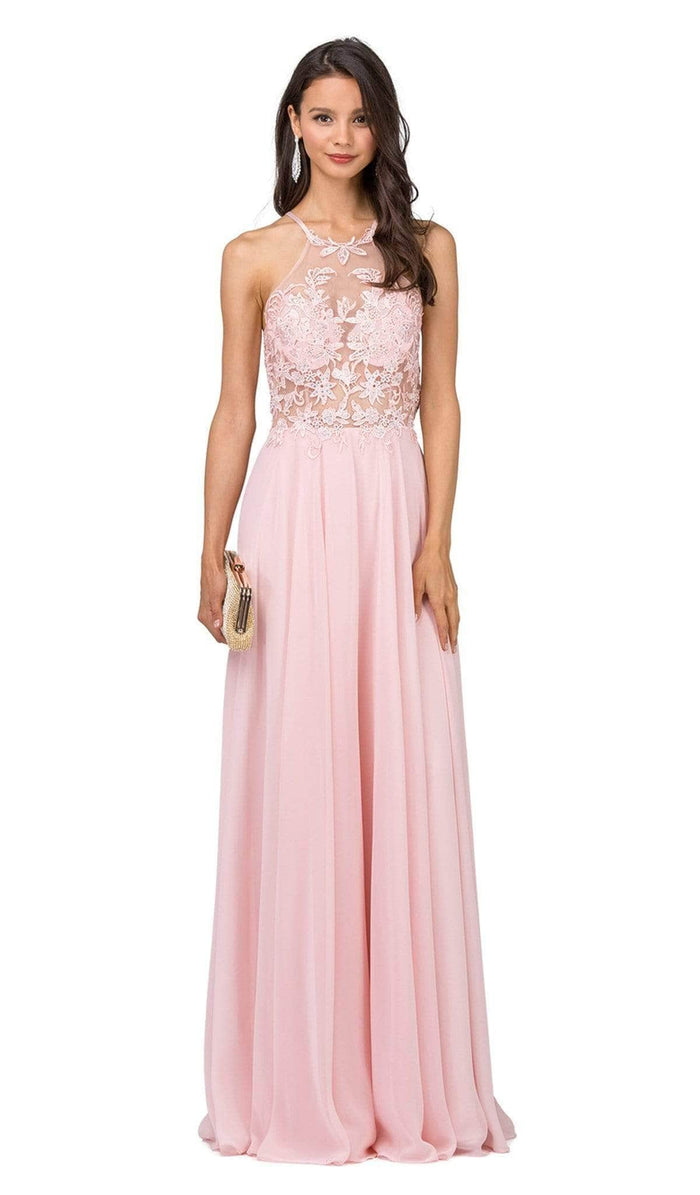 Dancing Queen - 2369 Embroidered Sheer Halter Chiffon Prom Dress Prom Dresses XS / Blush