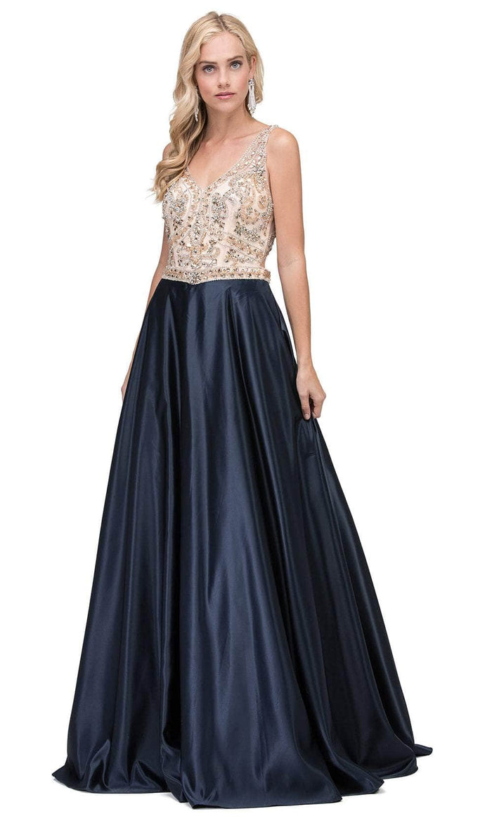 Dancing Queen 2416 - Beaded Bodice V-Neck Prom Gown Prom Dresses XS / Navy