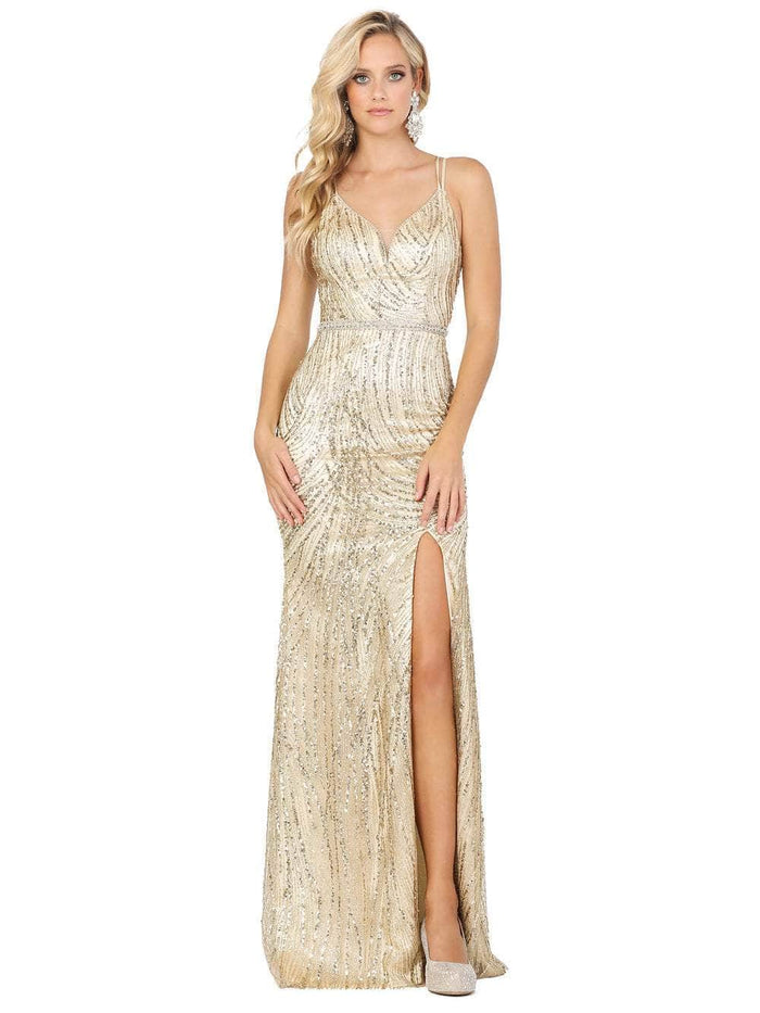 Dancing Queen - 2826 Glitter Plunging V Neck Gown with Slit Prom Dresses XS / Gold