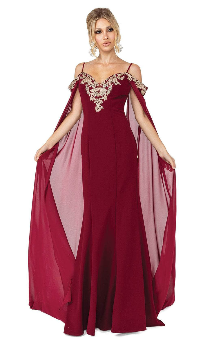 Dancing Queen 4025 - Cape Sleeve Beaded Appliqued Prom Gown Mother of the Bride Dresses XS / Burgundy