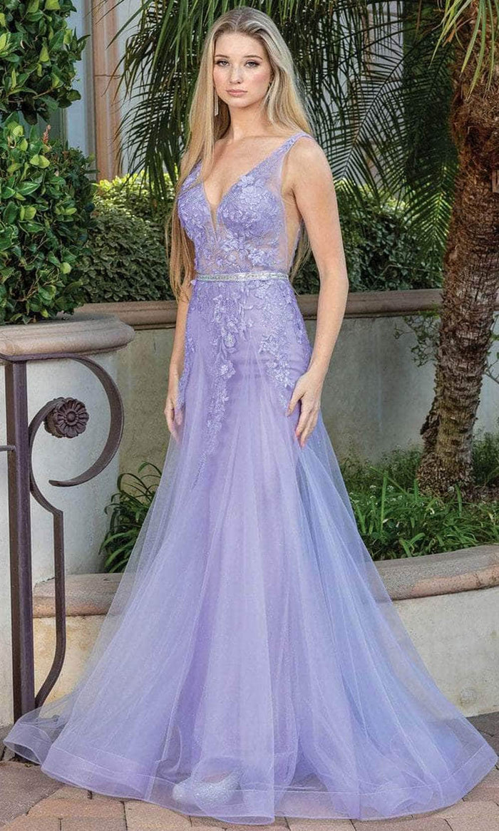 Dancing Queen 4311 - Plunging Neckline Tulle Prom Dress Prom Dresses XL / Lilac
