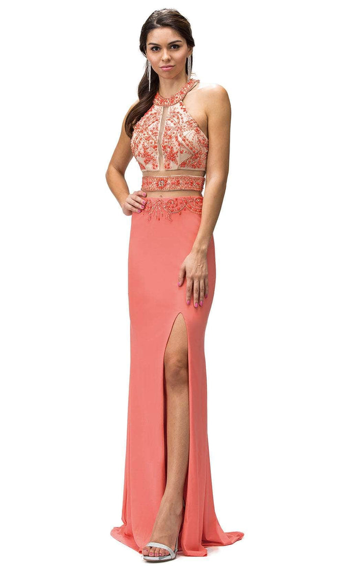 Dancing Queen 9188 - Embellished Halter Long Dress Evening Dresses XS / Coral