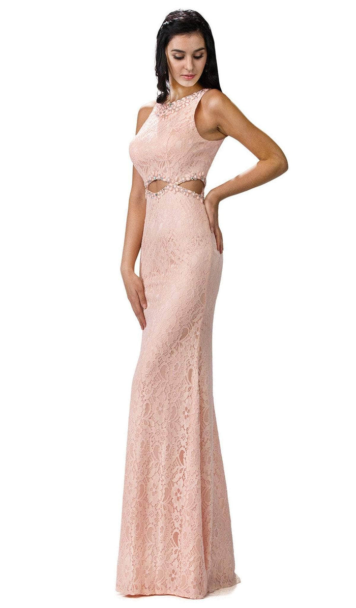 Dancing Queen - 9271 Sleeveless Jewel Neck Lace Cutout Prom Dress Prom Dresses XS / Peach