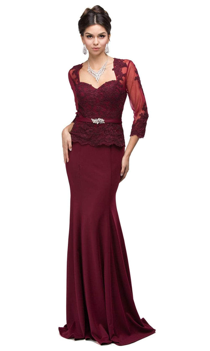 Dancing Queen 9573 - Lace Peplum Long Gown Mother of the Bride Dresses XS / Burgundy